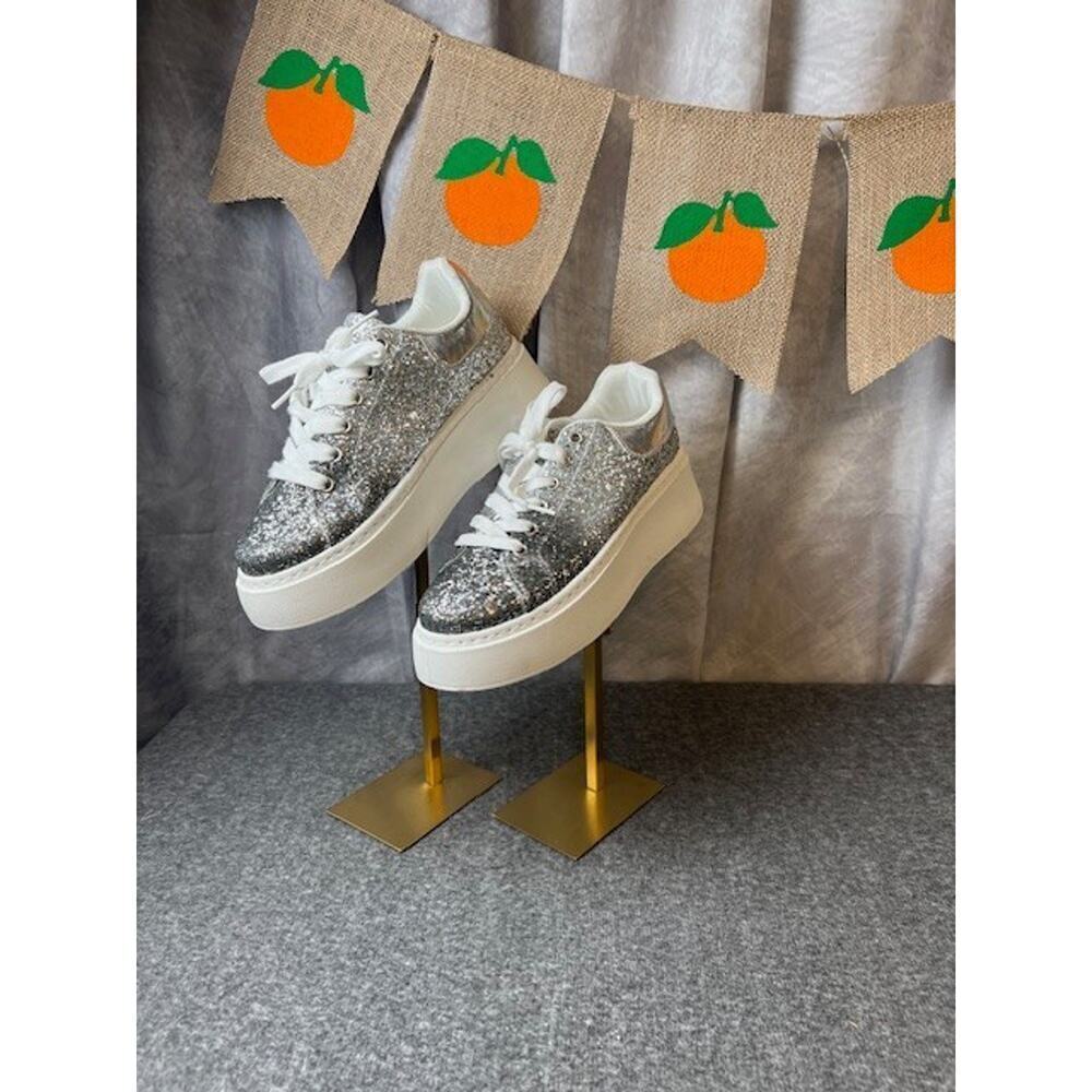 New York And Company Raphaela Silver Glittery Platform Sneakers Size 8.5 - Picture 2 of 11